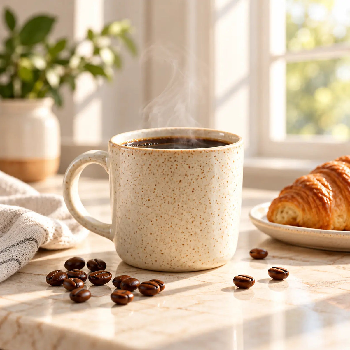 Steaming black Breakfast Blend coffee in a speckled ivory ceramic mug beside a fresh croissant, with scattered coffee beans and warm morning sunlight.