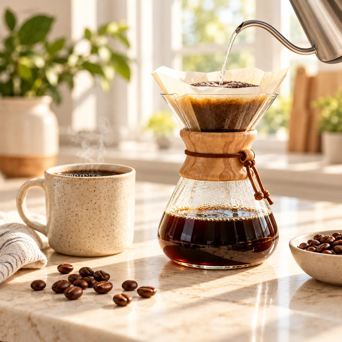 Hot water pouring over freshly ground coffee in a glass pour-over brewer, with a ceramic mug, roasted coffee beans, and soft morning sunlight.