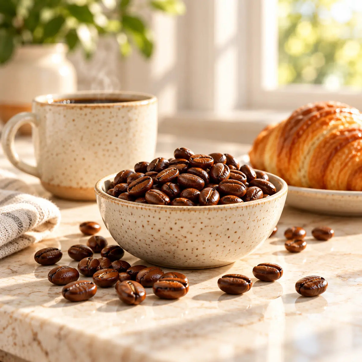 Bowl of roasted Breakfast Blend coffee beans beside a steaming ceramic mug and golden croissant on a bright ivory countertop.