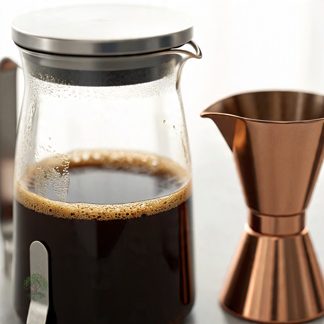 Glass carafe with coffee and a bronze jigger on a white background