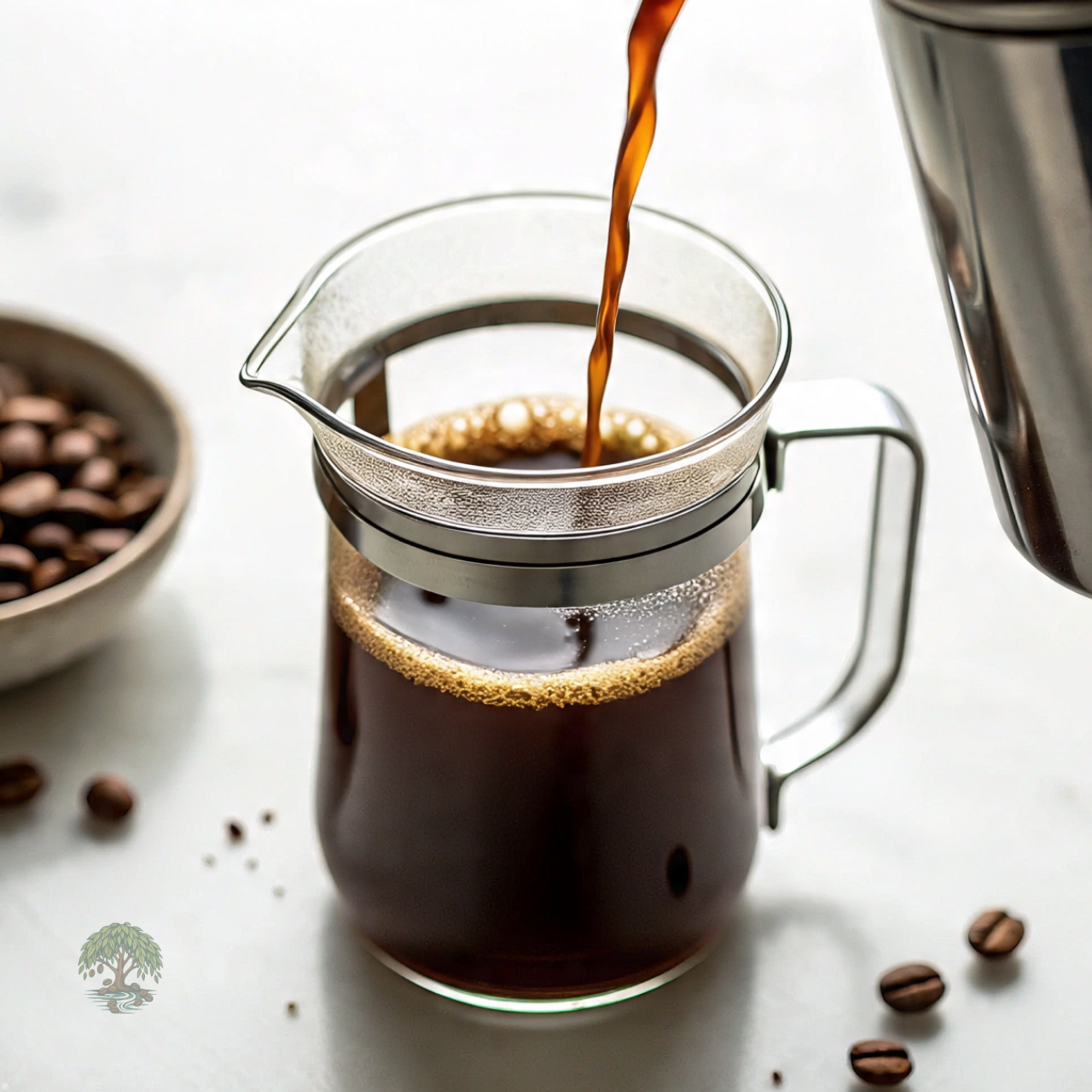 Coffee being poured into a French press with coffee beans around on a light background