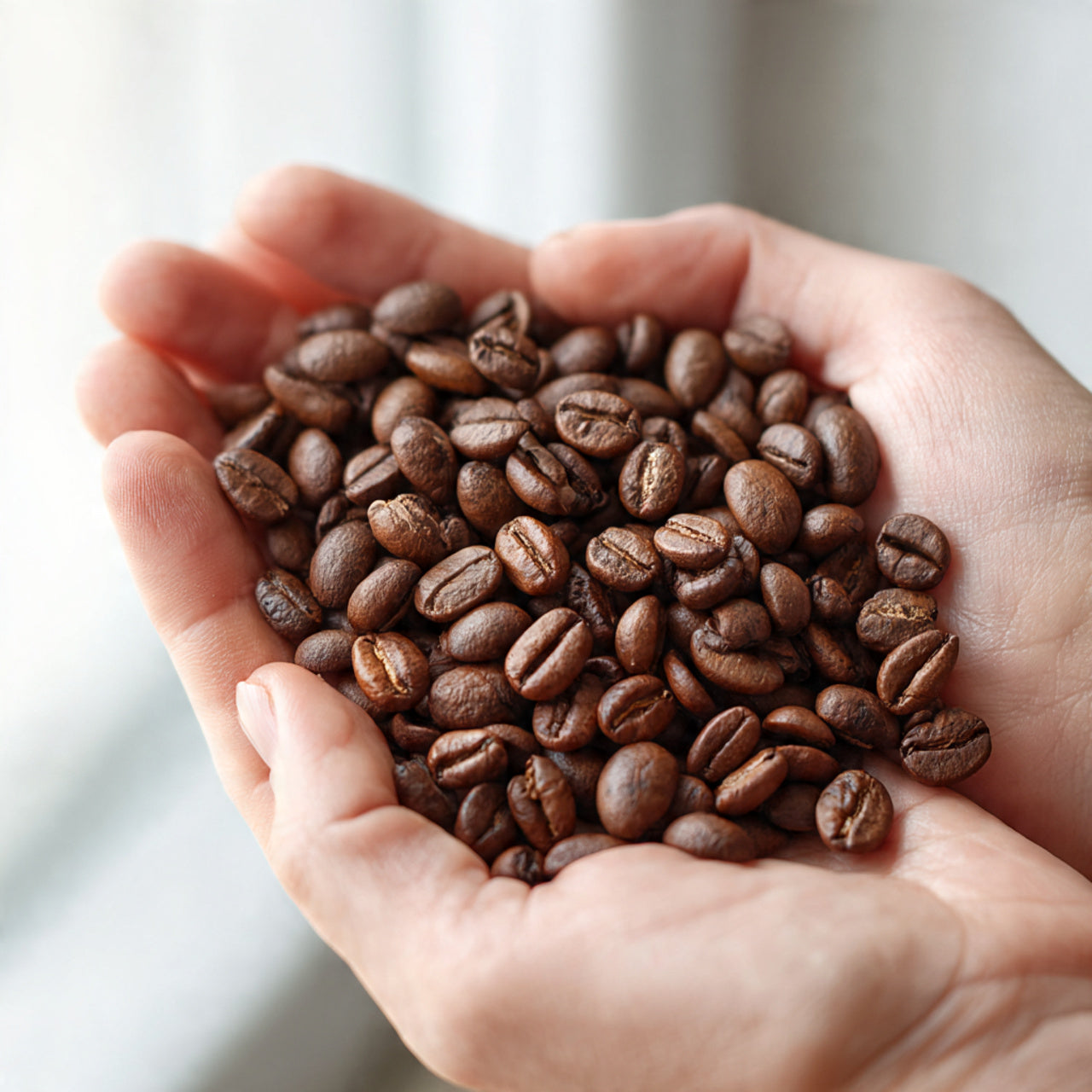 Hand holding a handful of caramel coffee beans 