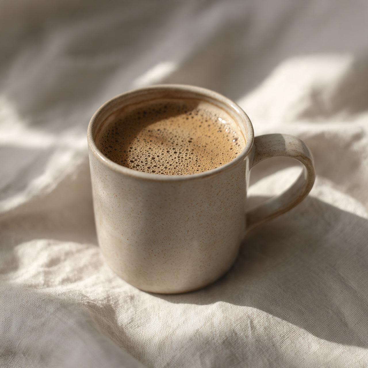 ceramic mug with caramel coffee on a textured fabric surface