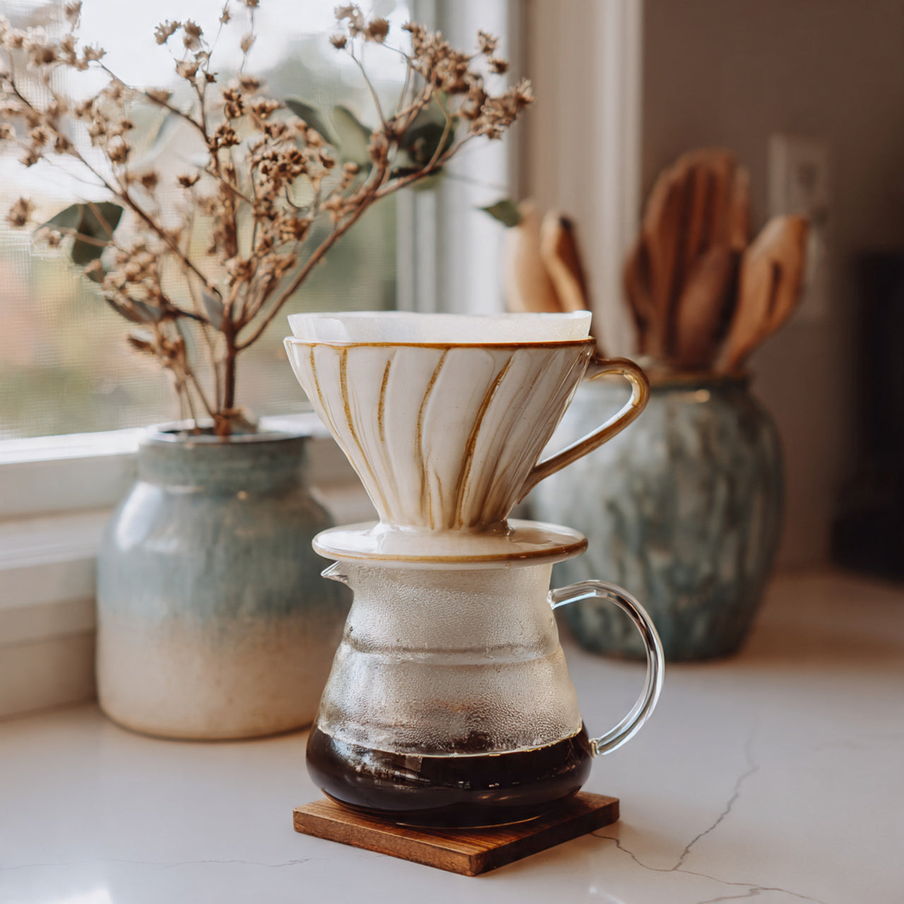 caramel coffee in ceramic coffee dripper with a glass carafe on a countertop 