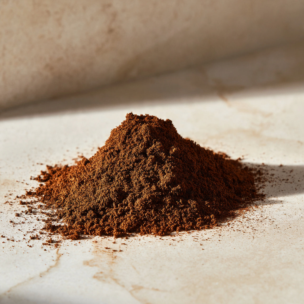 pile of  caramel coffee grounds on a marble surface