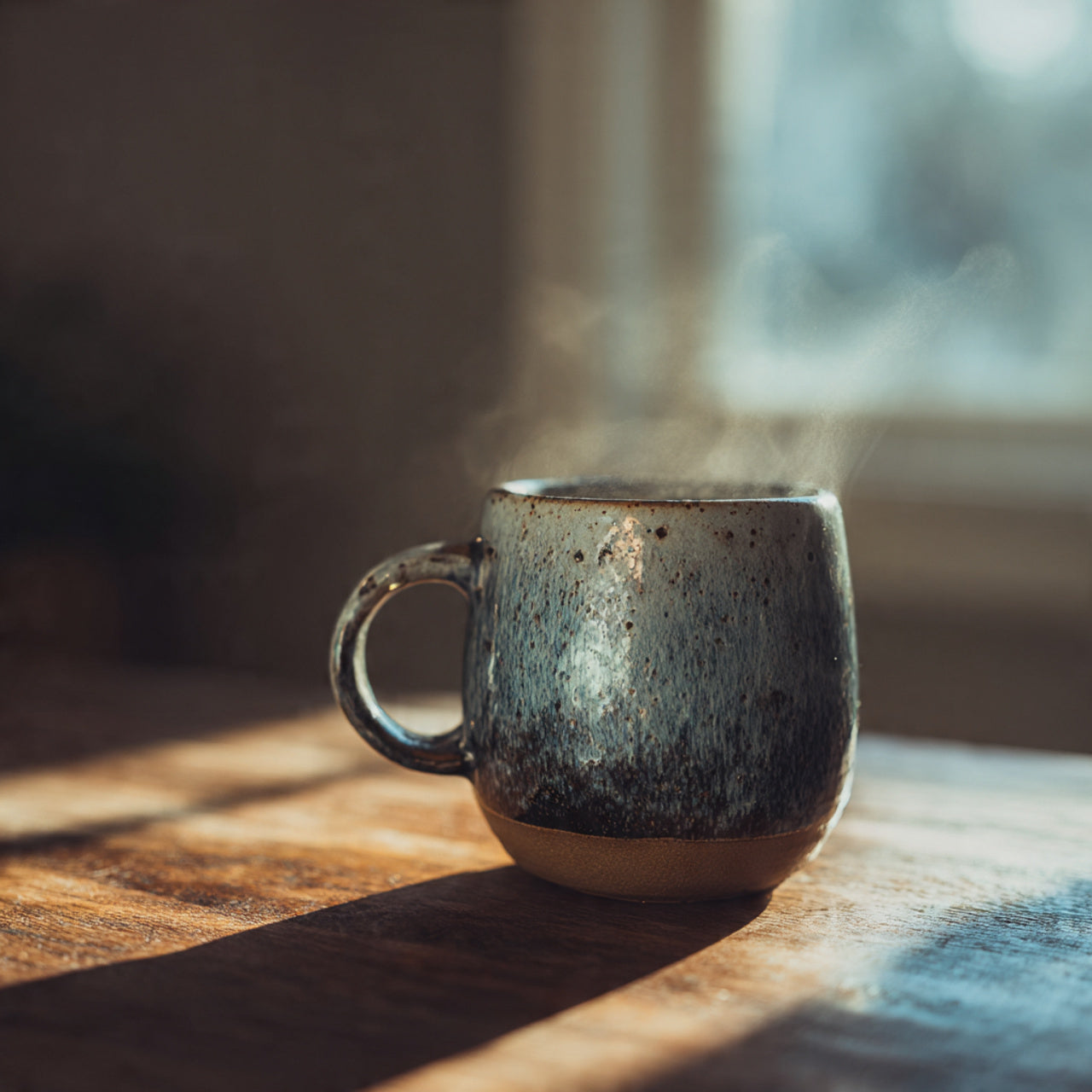 Steaming mug on a wooden surface with kpoi safari coffee