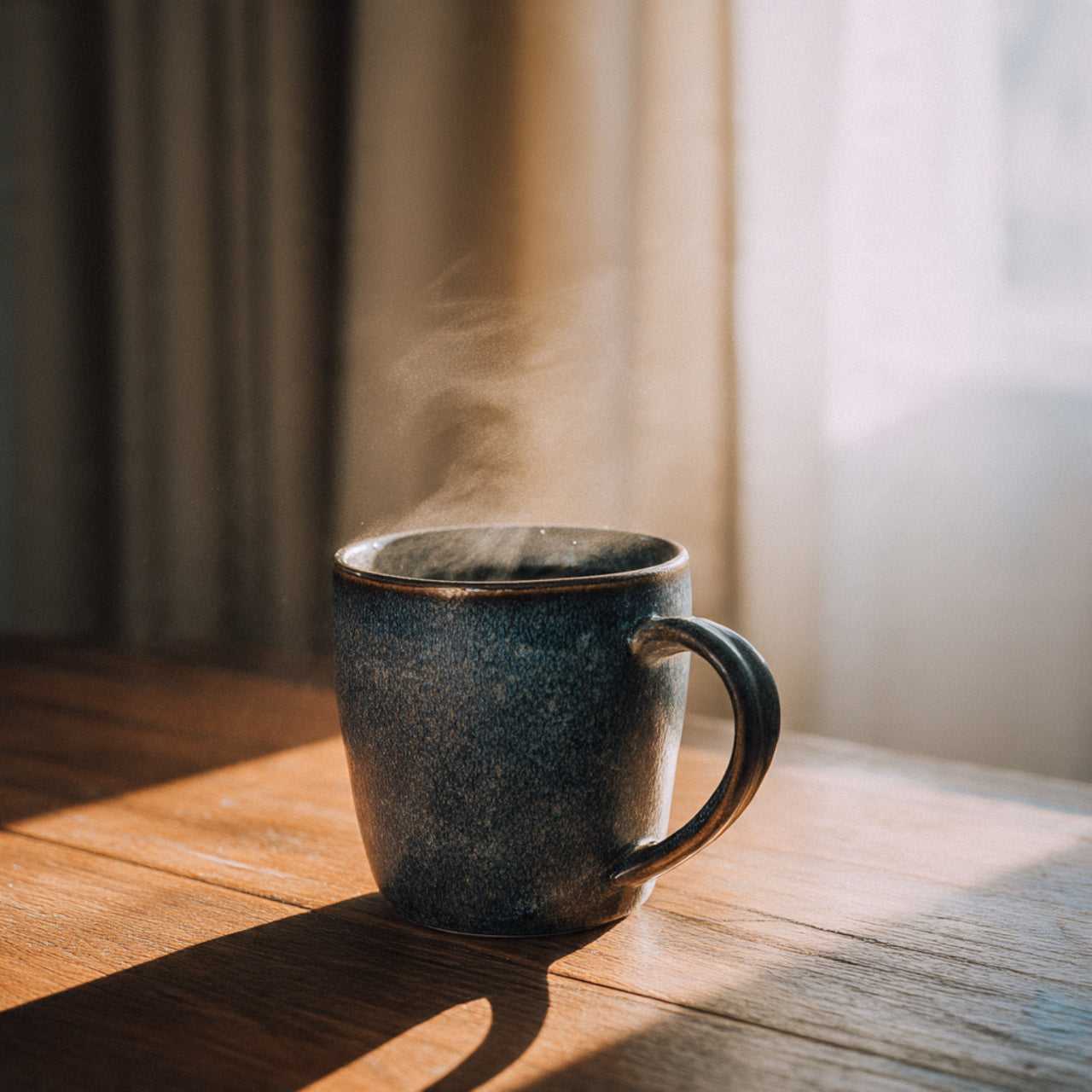 Steaming mug of honduras coffee on a wooden surface with soft lighting