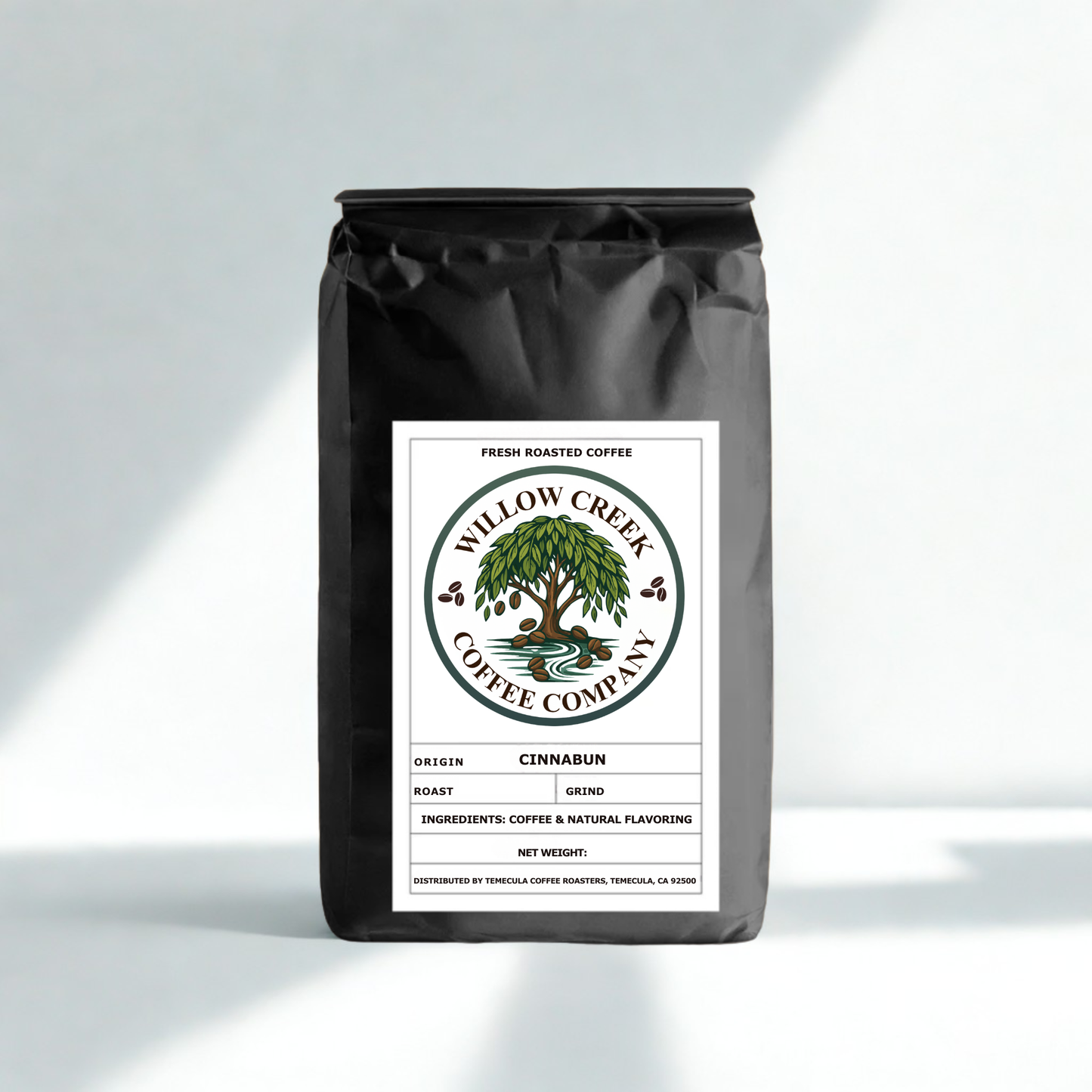 cinnabun-coffee-flavored-med-roast black coffee bag with willow creek coffee company label: 12 oz, 1 lb, 2 lb, 5 lb, 12 lb