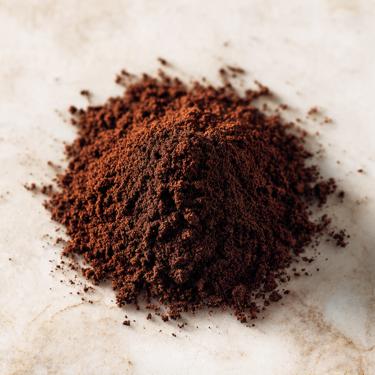 Close-up of ground cinnabun coffee on a marble surface