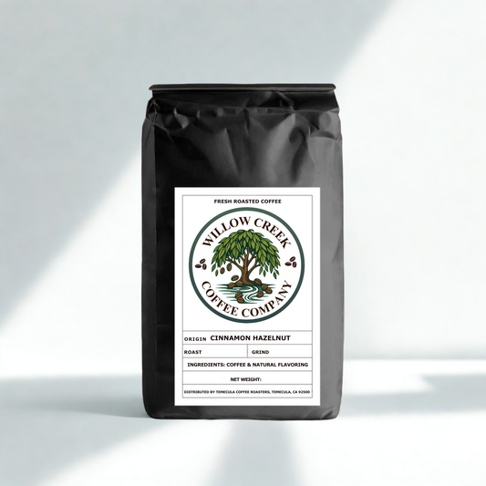 cinnamon-hazelnut-coffee-flavored-med-roast black coffee bag with willow creek coffee company label: 12 oz, 1 lb, 2 lb, 5 lb, 12 lb