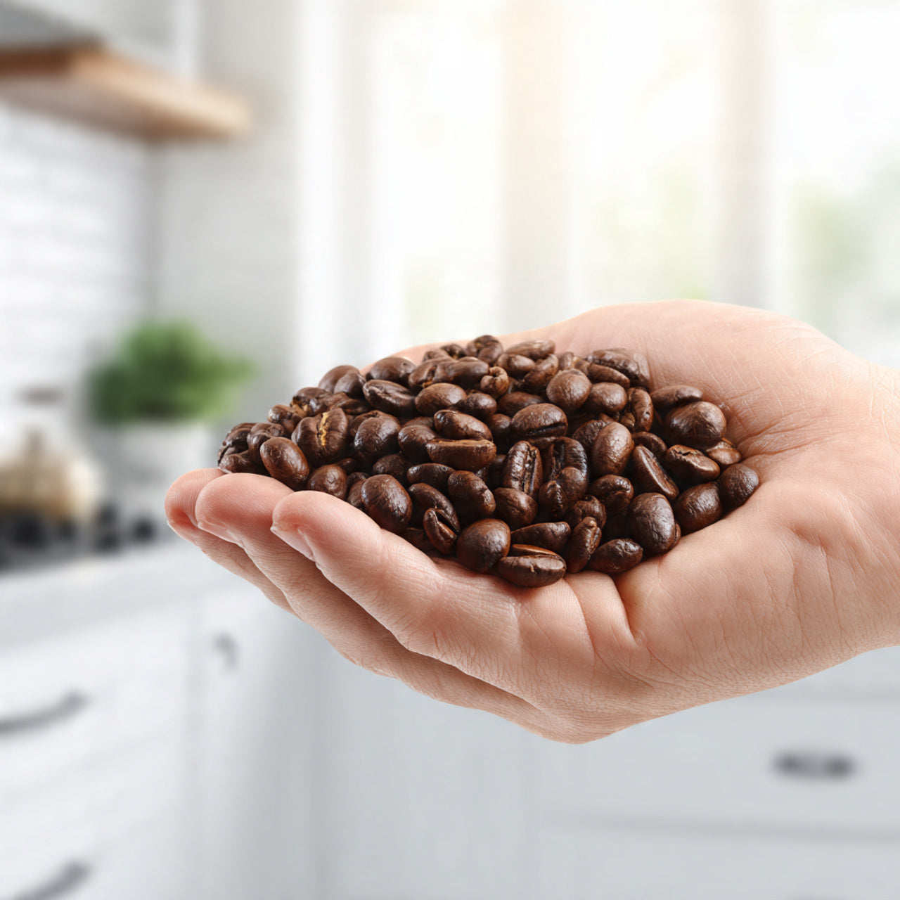 Hand holding cinnamon hazelnut coffee beans with a blurred kitchen background