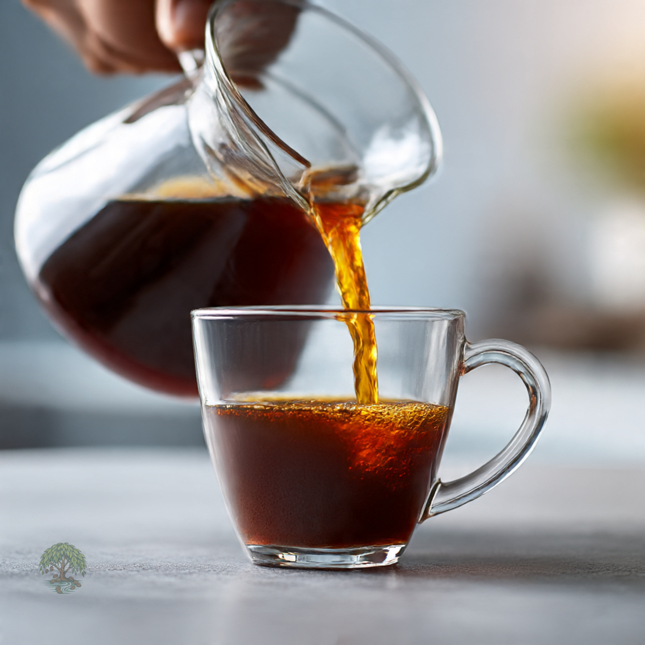 Glass carafe pouring coffee into a clear glass mug on a light surface.
