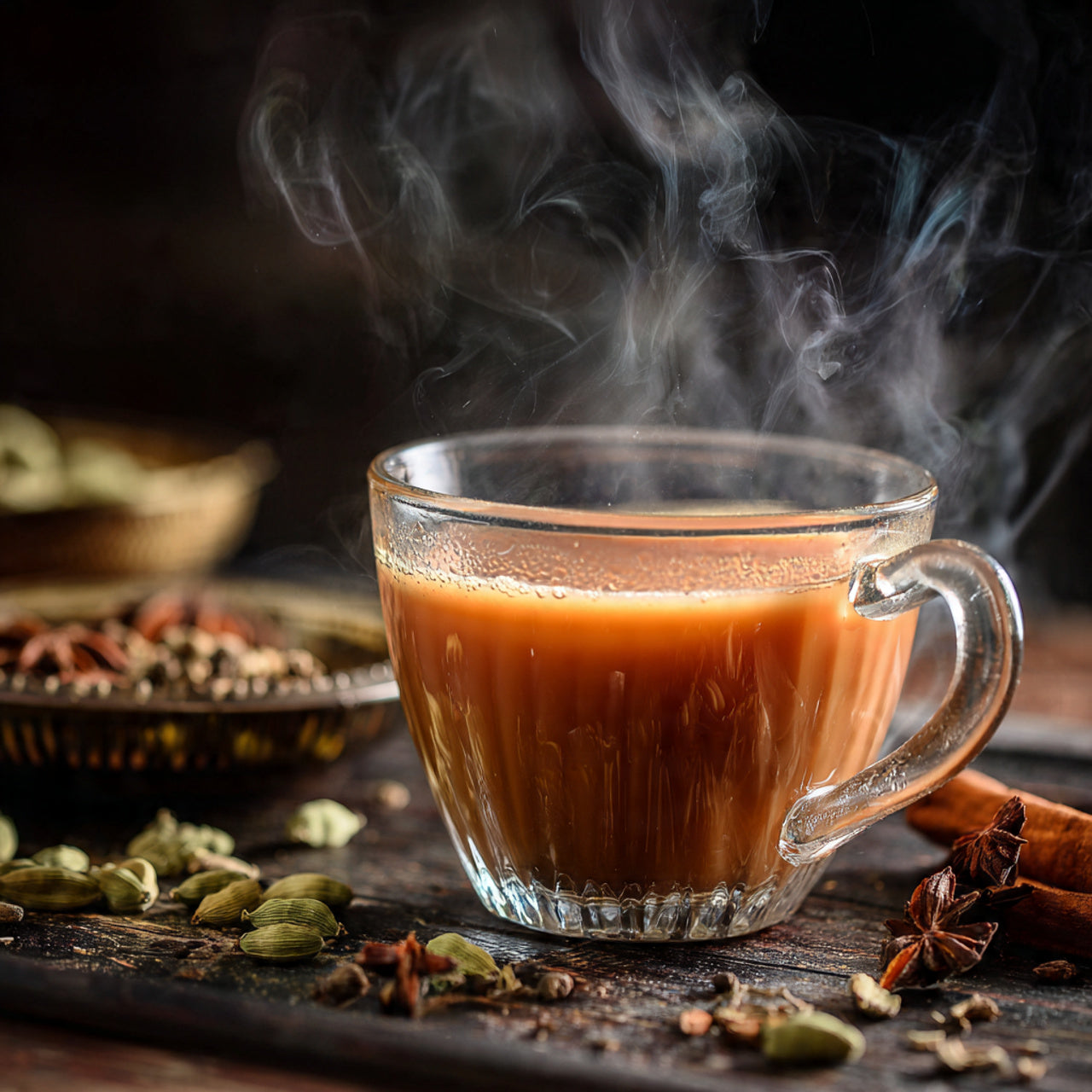 Steaming cup of masala-chai tea with spices on a dark background