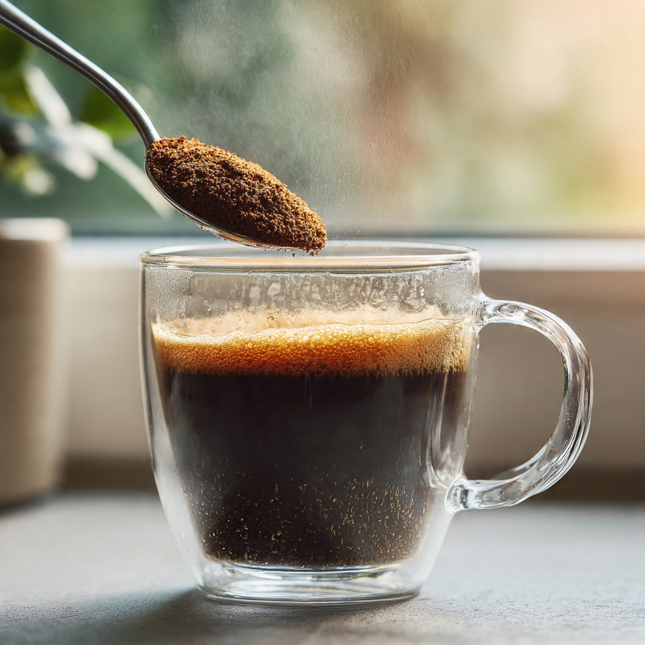 Glass mug with coffee and a spoonful of instant coffee grounds above it, on a blurred natural background.