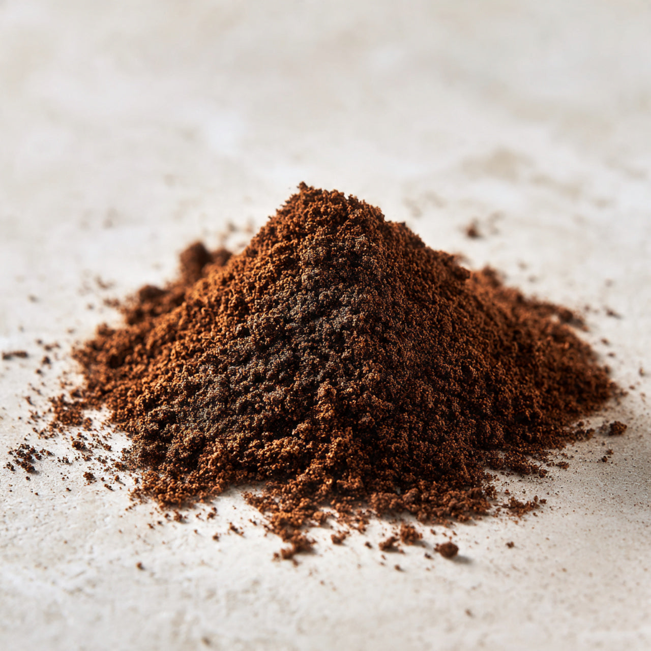 Close-up of ground bali blue pod coffee on a light surface
