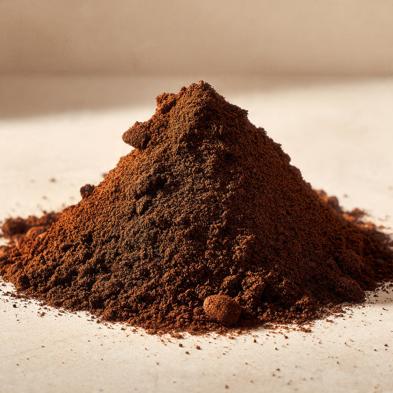 Pile of peru coffee grounds on a beige background