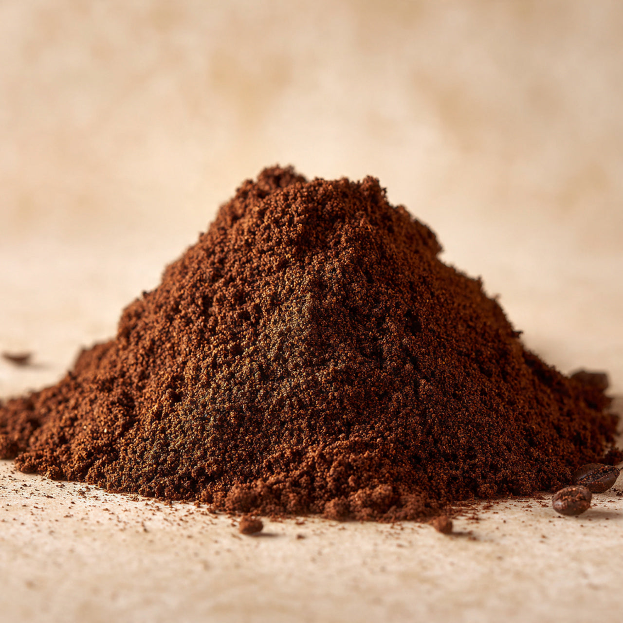 Close-up of a pile of ground 6 bean coffee on a textured surface with a blurred background