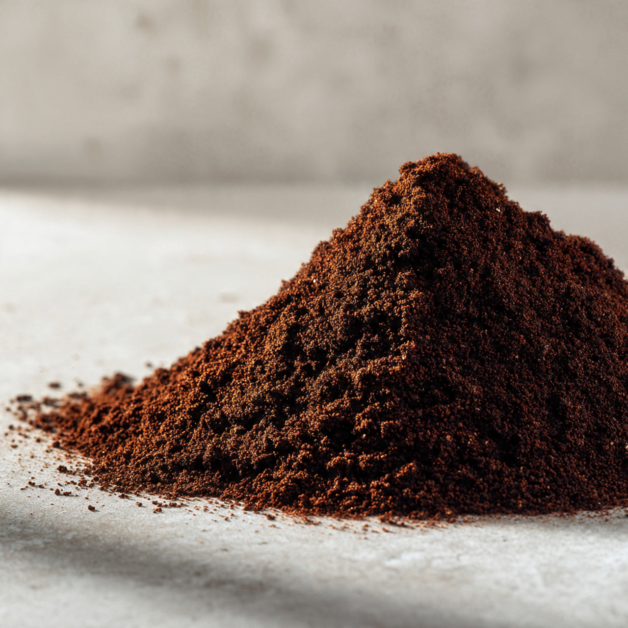 Pile of Italian coffee grounds on a light surface with a blurred background