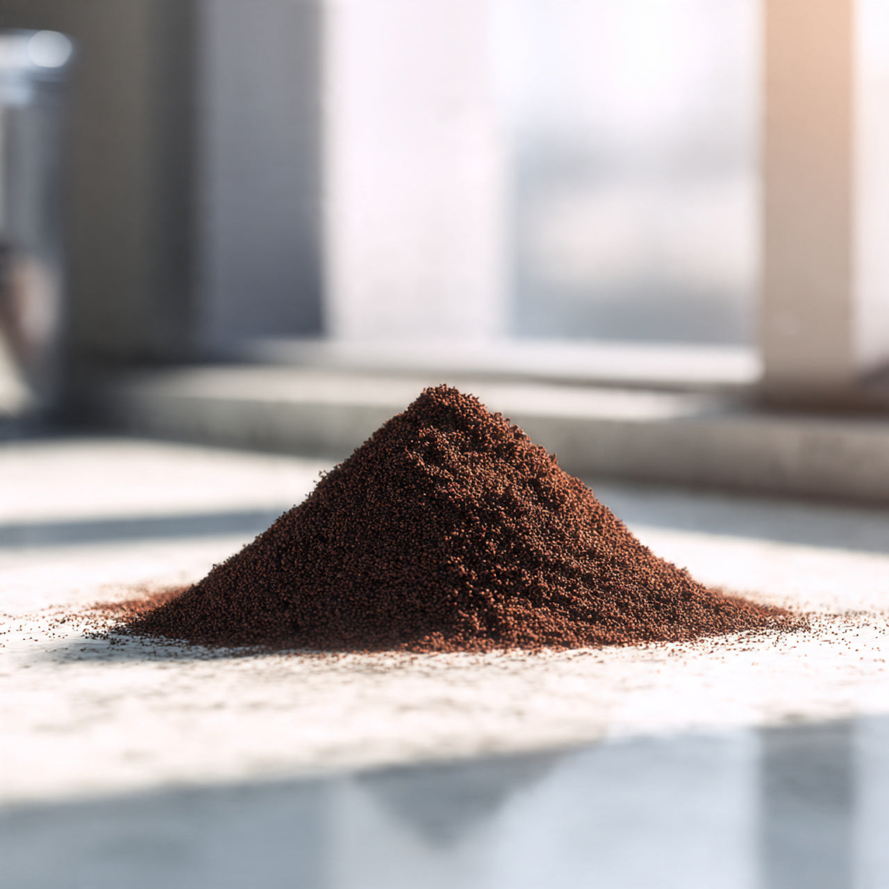 Pile of african kahawa coffee grounds on a light surface with a blurred background