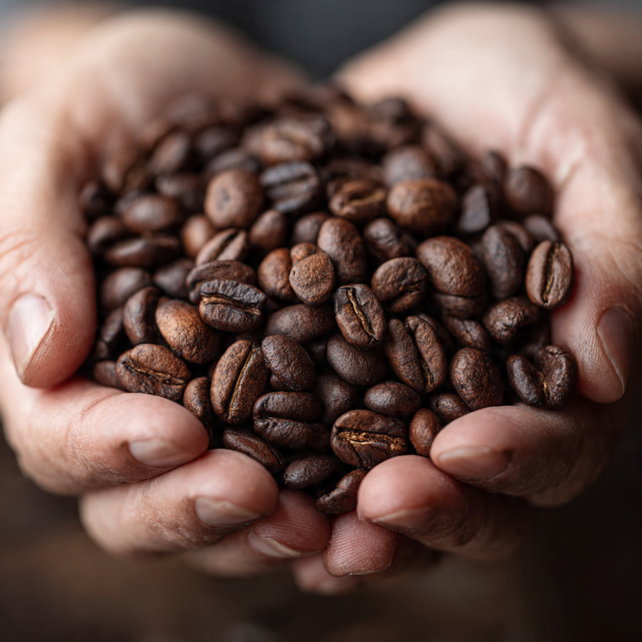 Hands holding a pile of cowboy blend coffee beans