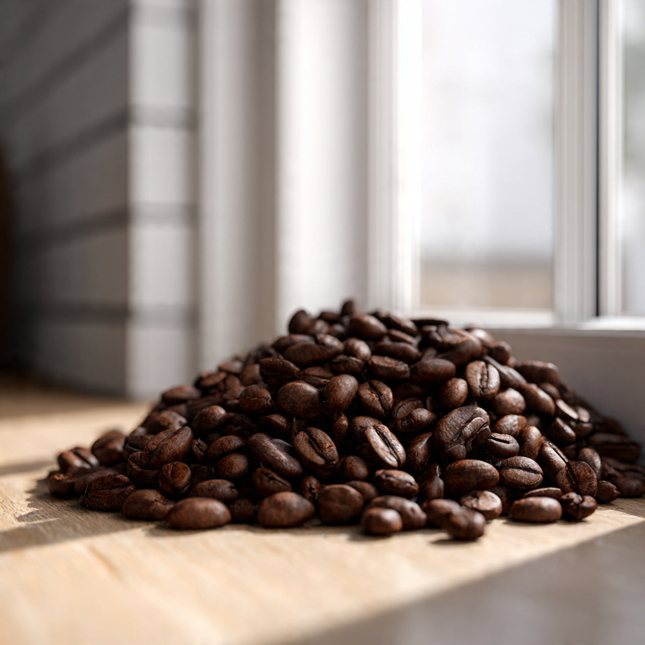 african espresso coffee beans on a wooden surface with a blurred window background