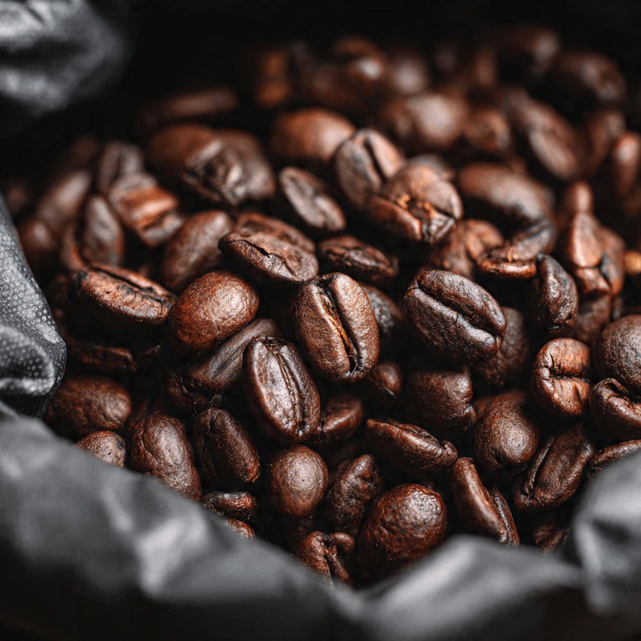 Close-up of roasted 6 bean coffee beans in a black bag