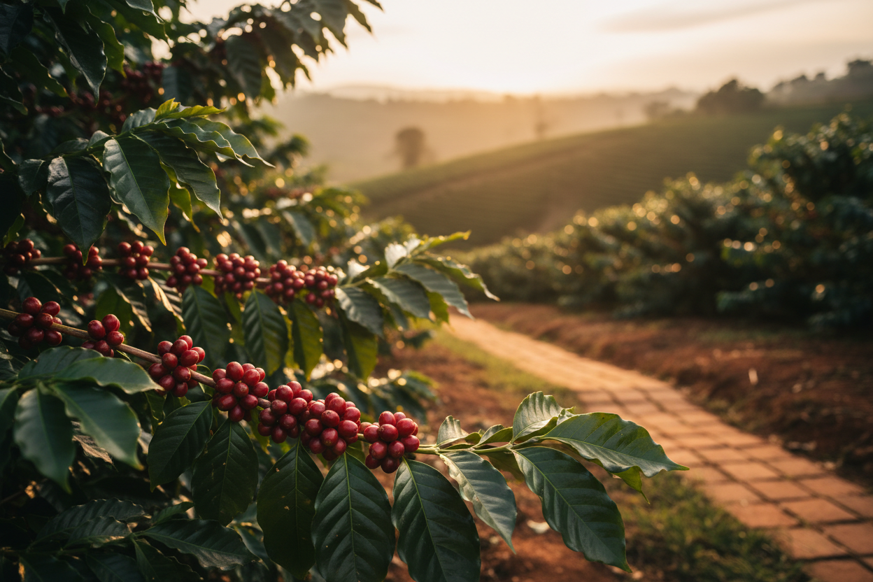Coffee plantation hero with cherries and green leaves