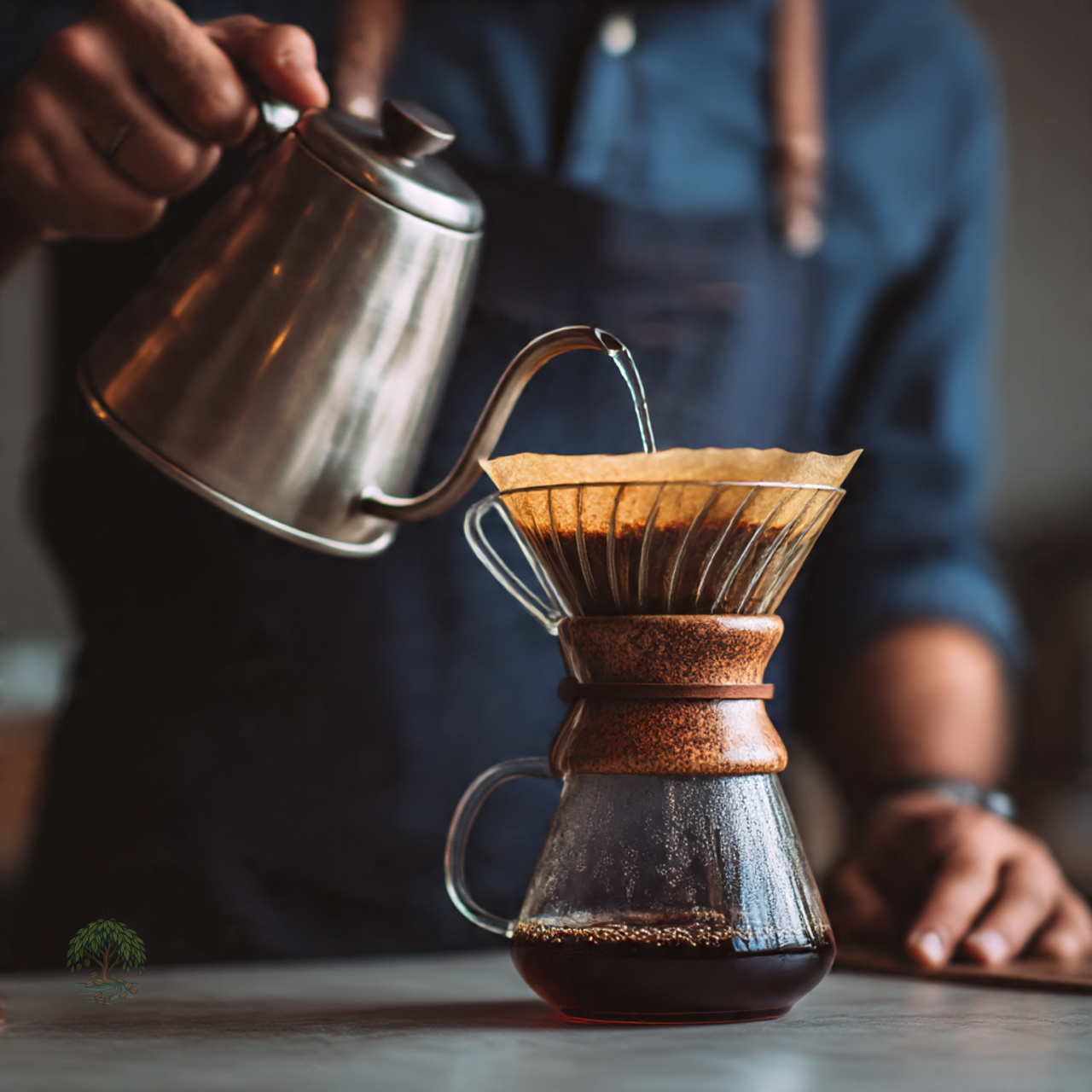 Person pouring coffee from a metal kettle into a glass coffee maker.