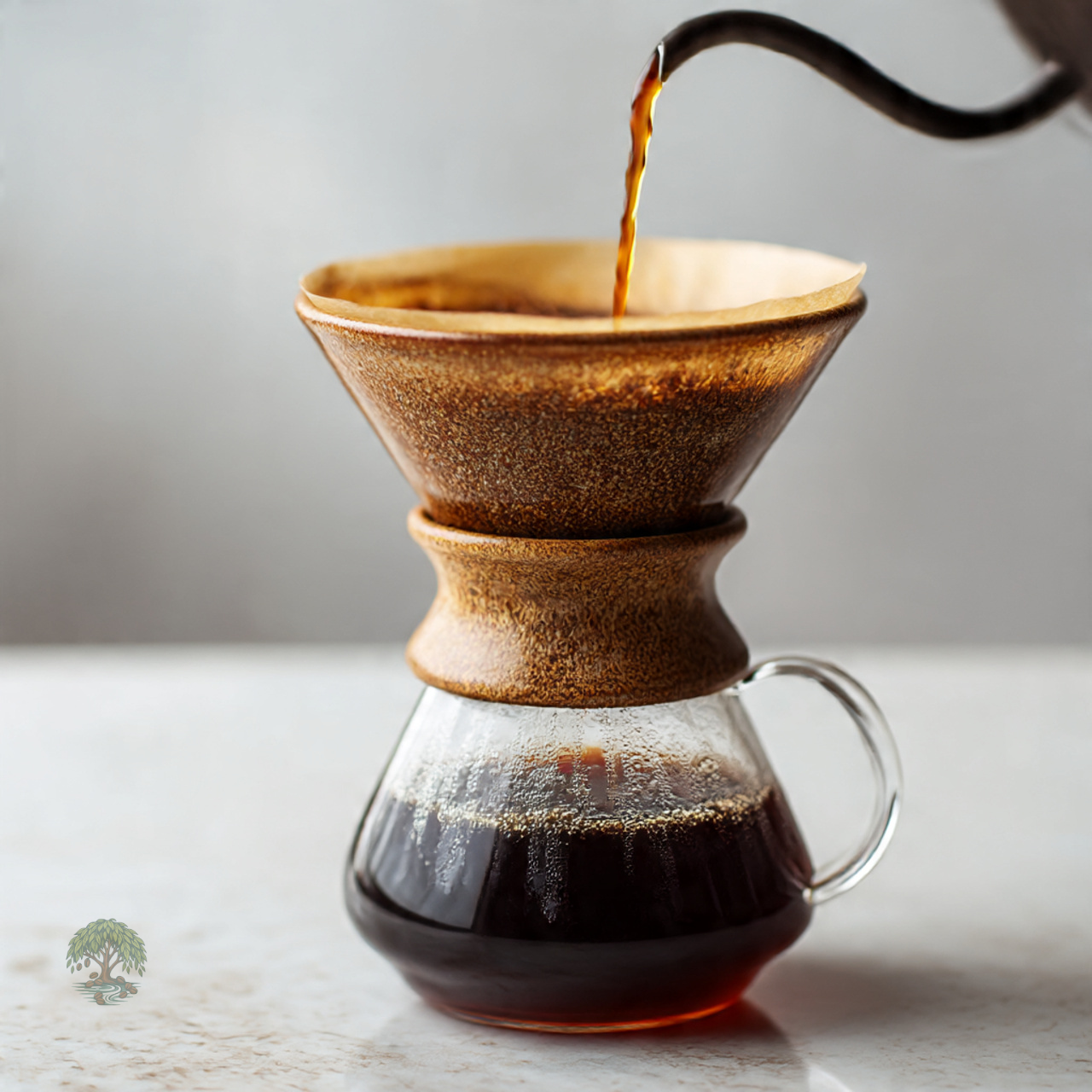 Coffee being poured into a wooden coffee dripper on a light surface.