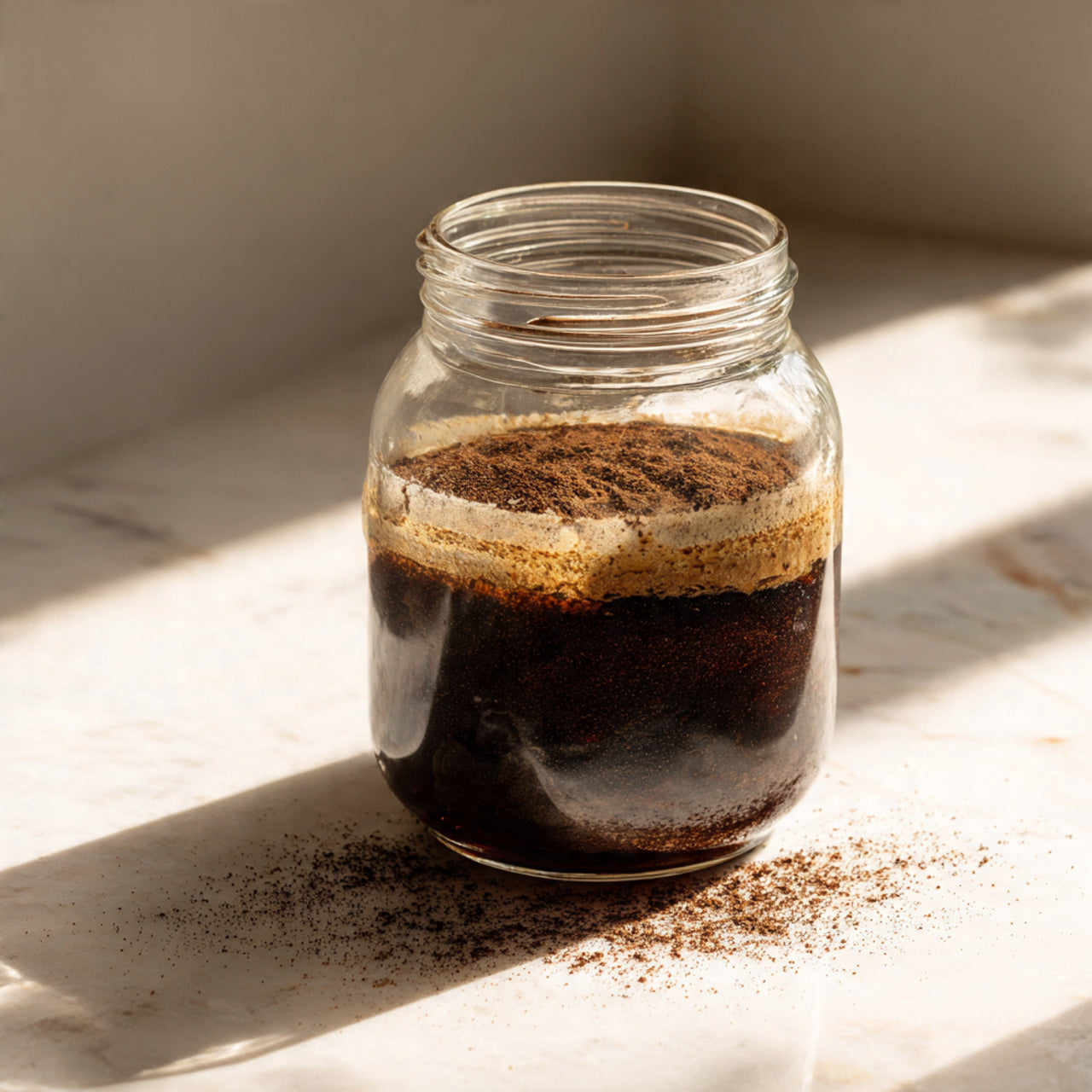 cold brew coffee steeping in jar

