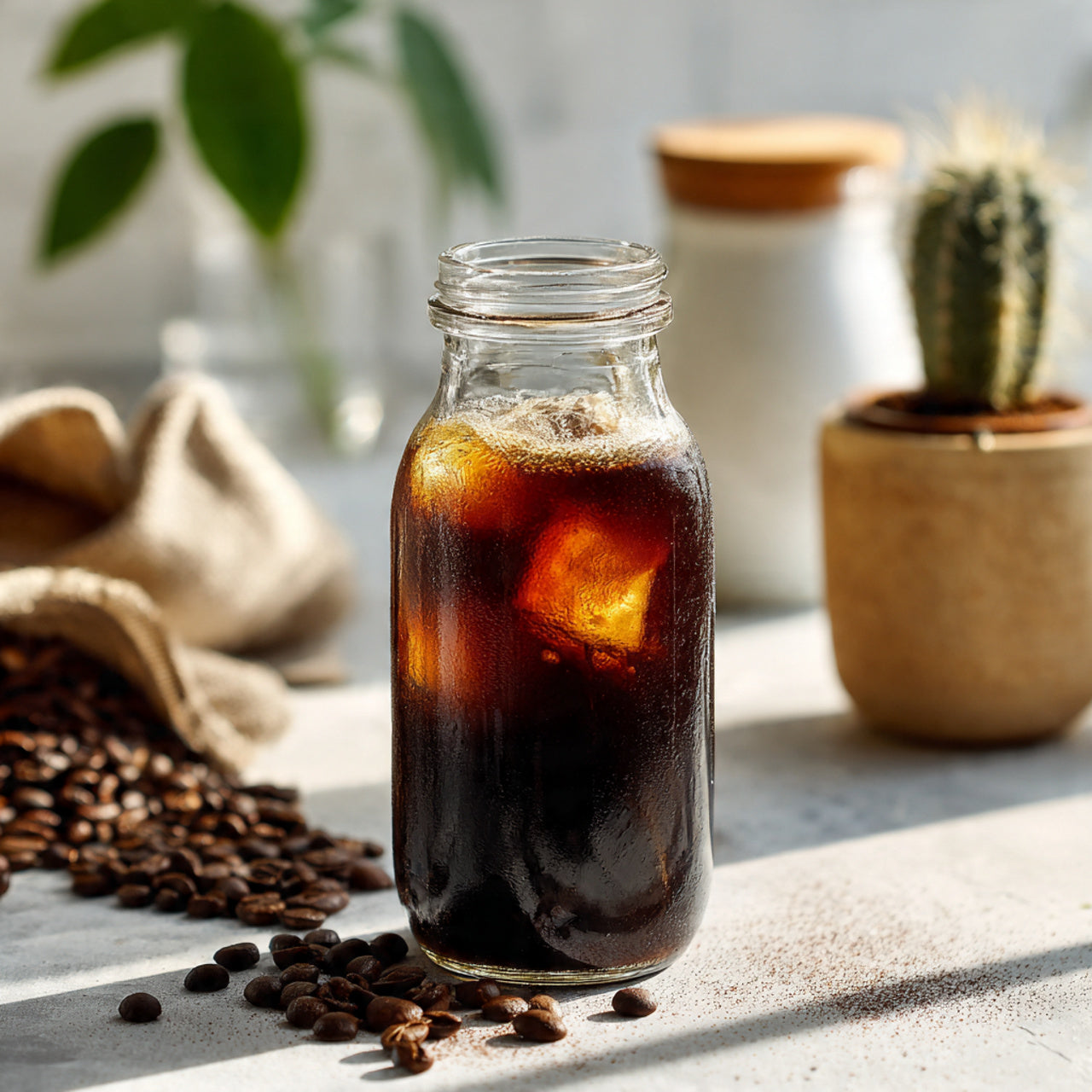 Glass jar of cold brew coffee with coffee beans 
