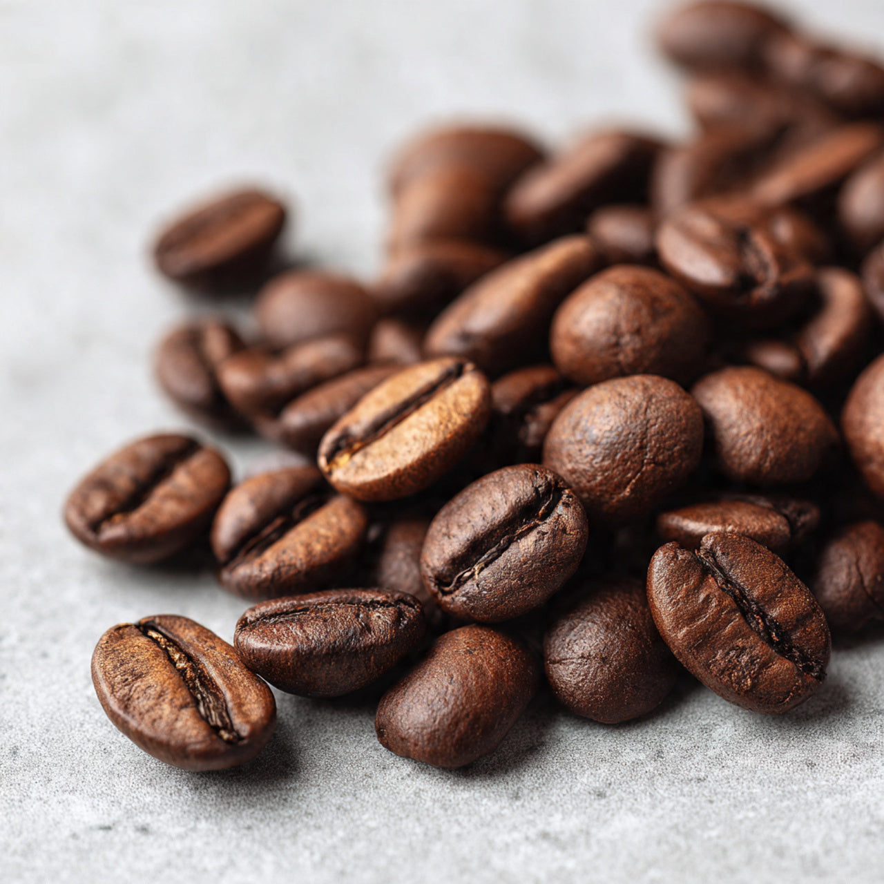 cold brew roasted coffee beans on a light gray surface