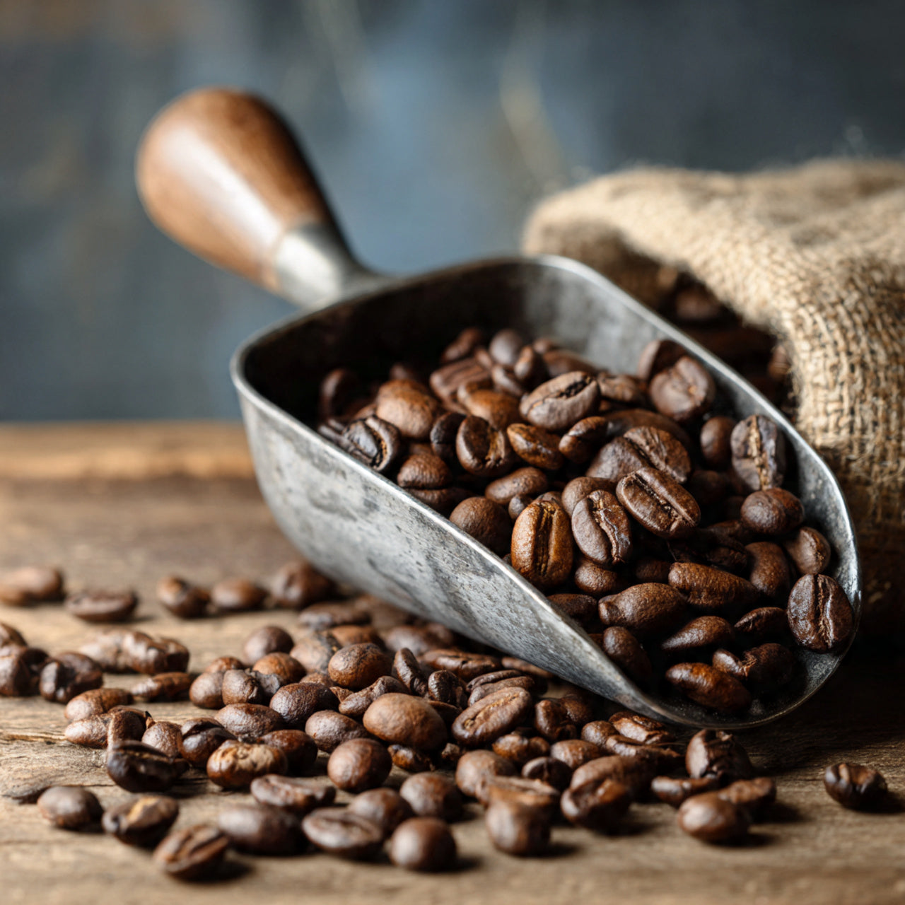 Metal scoop filled with coffee beans on a wooden surface with a burlap bag in the background.