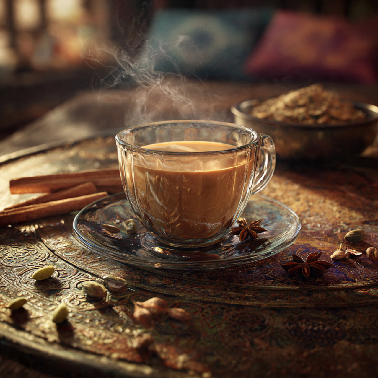 Steaming cup of masala-chai tea on a decorative tray with spices and cinnamon sticks.