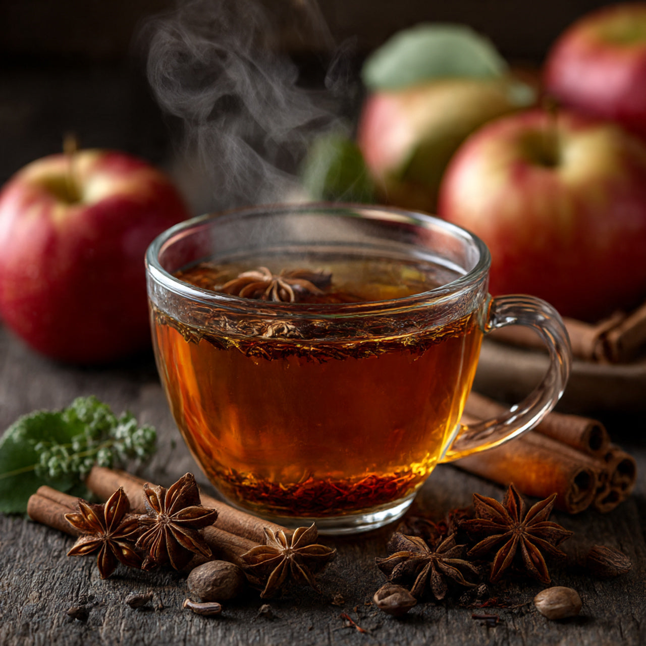 Steaming glass of hot tea with apples and spices on a wooden surface
