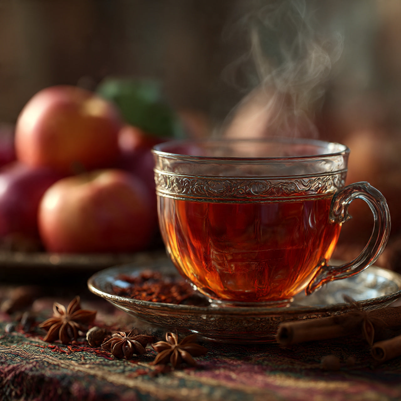 Steaming cup of tea with apples and spices on a wooden table