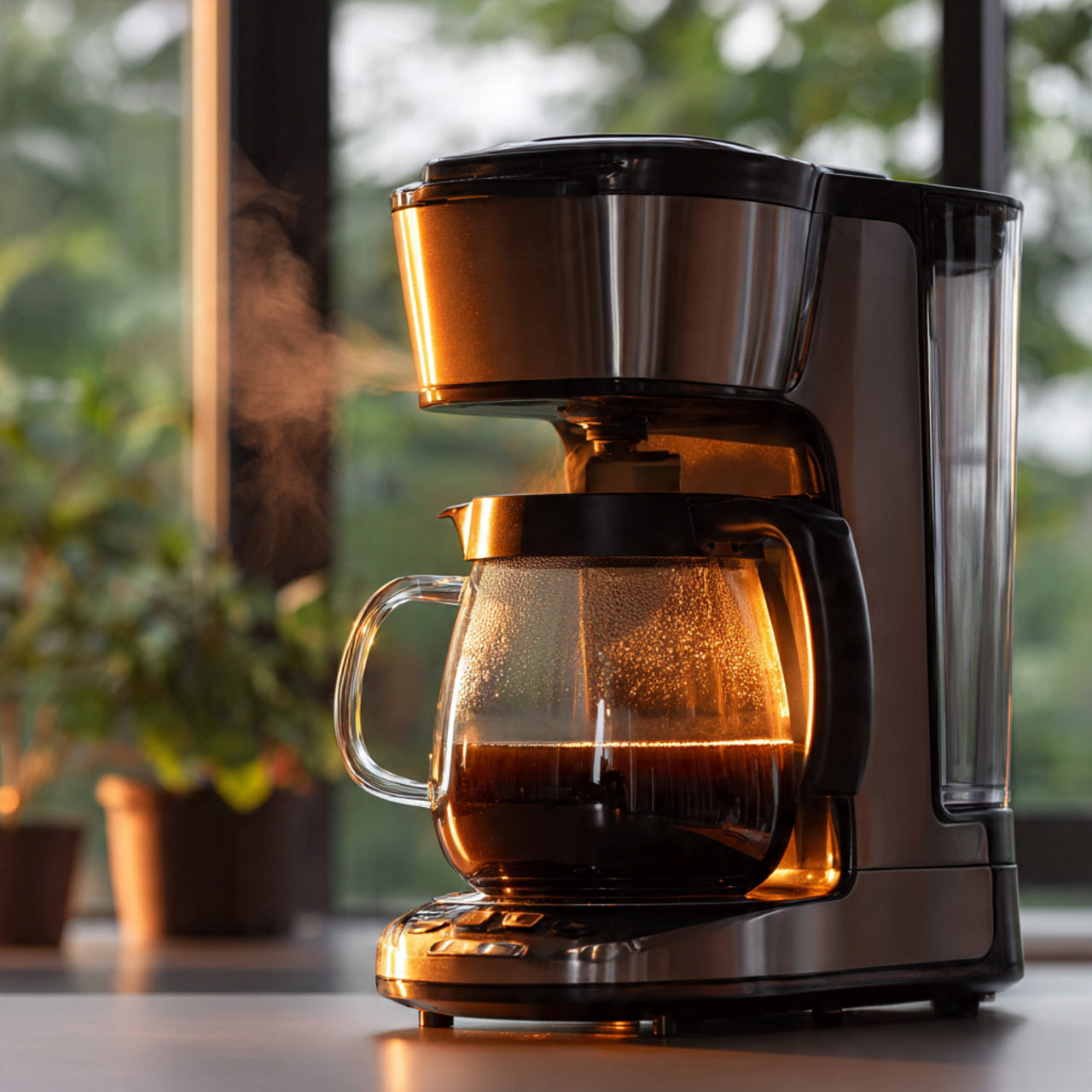 Coffee maker with a glass carafe on a countertop brewing pumpkin spice coffee
