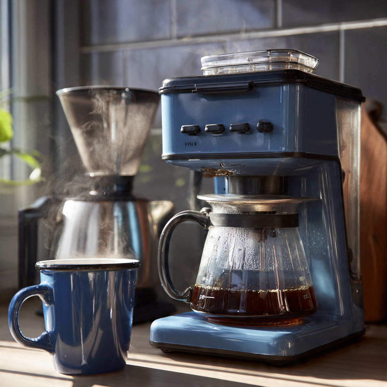 Blue coffee maker with a glass carafe brewing cowboy blend coffee on a windowsill