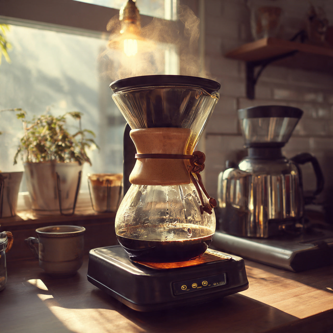 colombia coffee brewing process using a Chemex in a cozy kitchen setting with natural light.