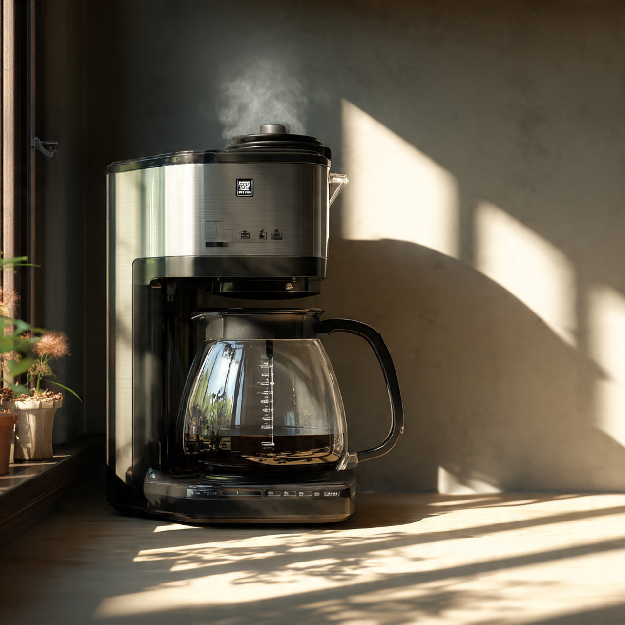 coffee maker  brewing chocolate hazelnut coffee with steam rising from it 