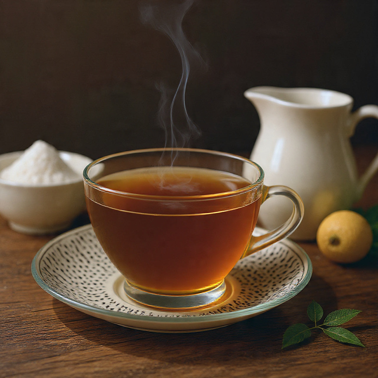 Steaming cup of earl grey tea on a wooden table with a teapot and lemon in the background.