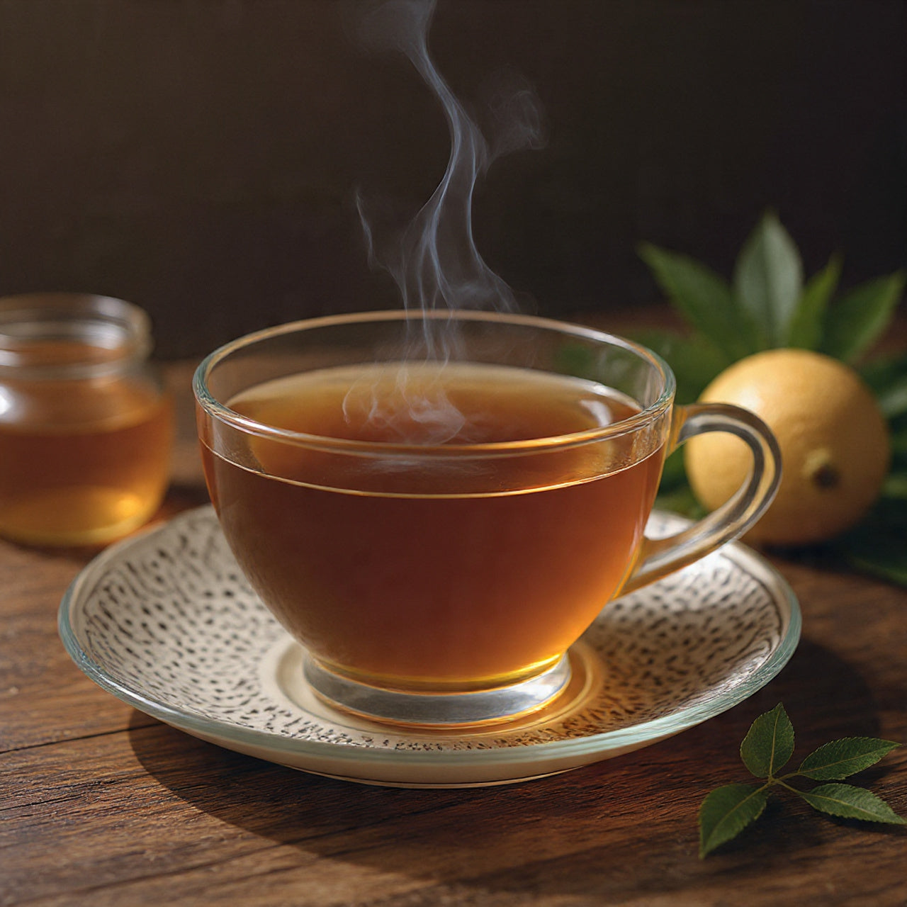 Steaming cup of eral grey tea on a wooden table with lemon and leaves.