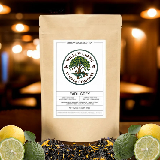 Bag of Willow Creek Coffee Company Earl Grey tea with lemon and lavender on a blurred background