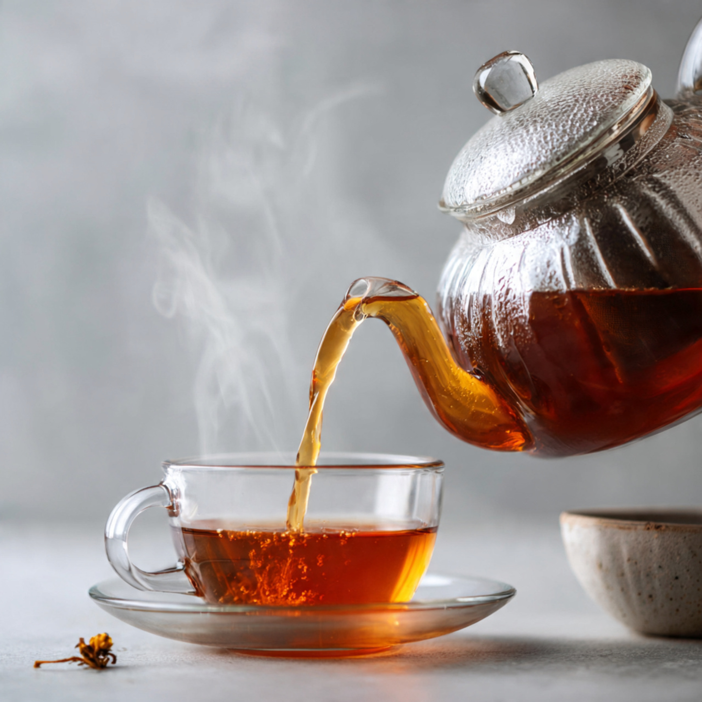 Tea being poured from a teapot into a clear glass cup on a light background