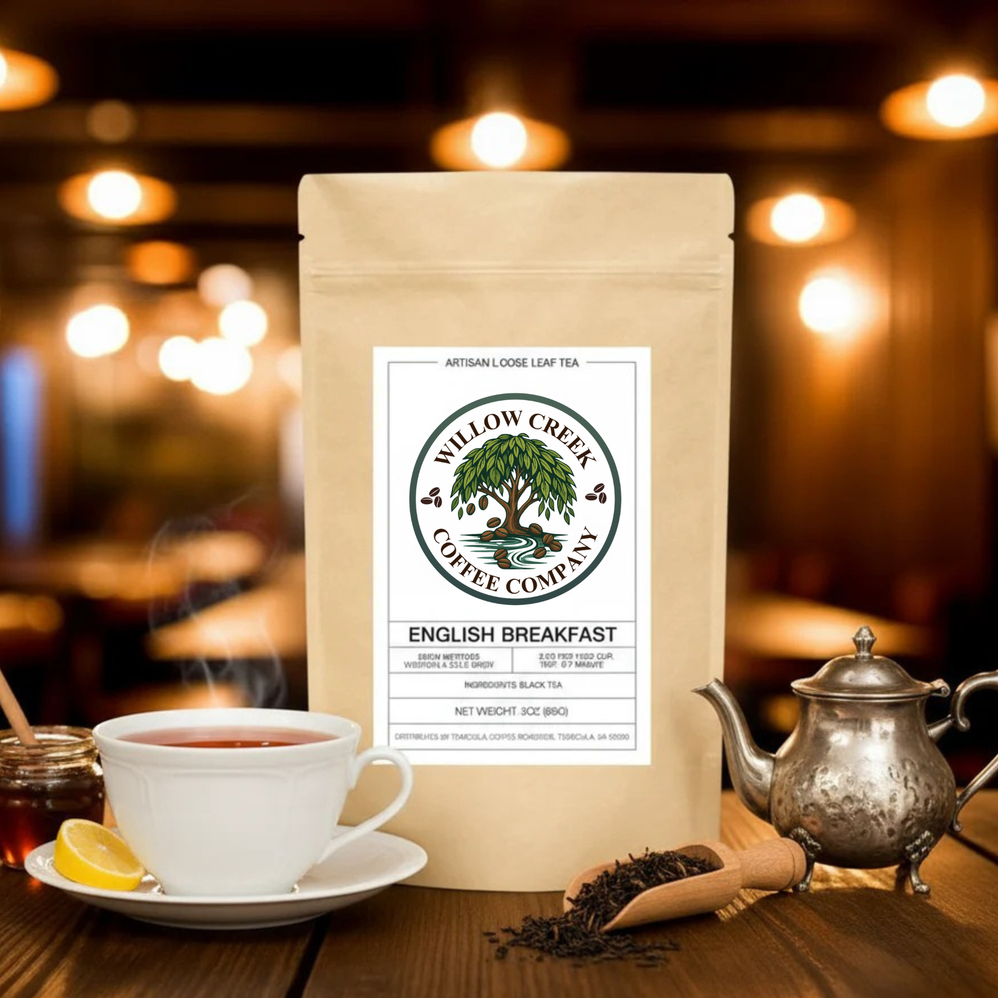 Willow Creek Coffee Company English Breakfast tea package with a cup of tea and teacup on a wooden table.
