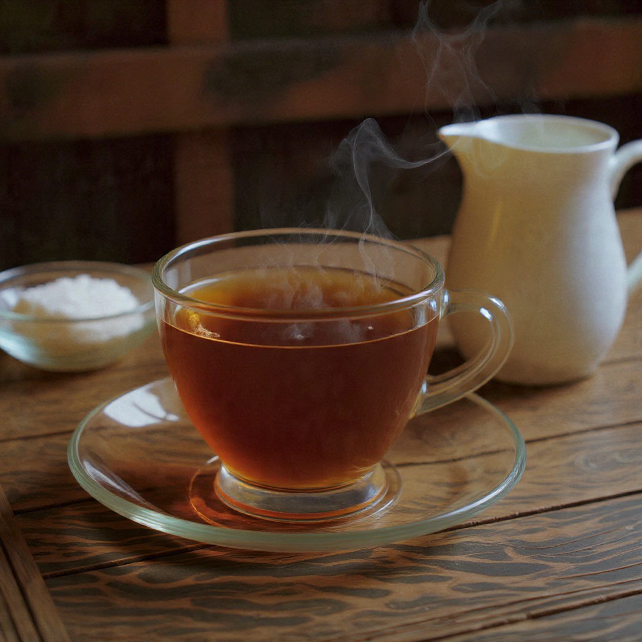 Steaming cup of english-breakfast tea on a wooden table with a teapot and sugar bowl in the background.