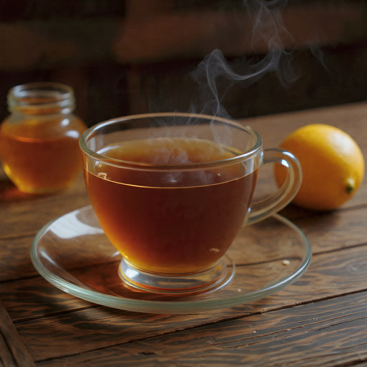Steaming cup of english-breakfast  tea on a wooden table with a lemon and honey jar in the background.