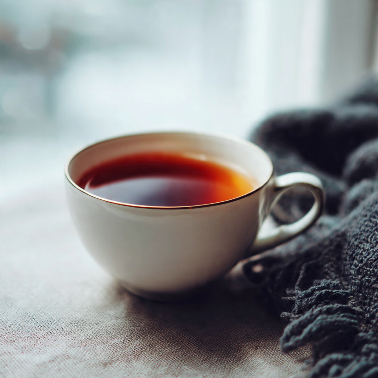 Black tea in white cup on kitchen table with soft light.