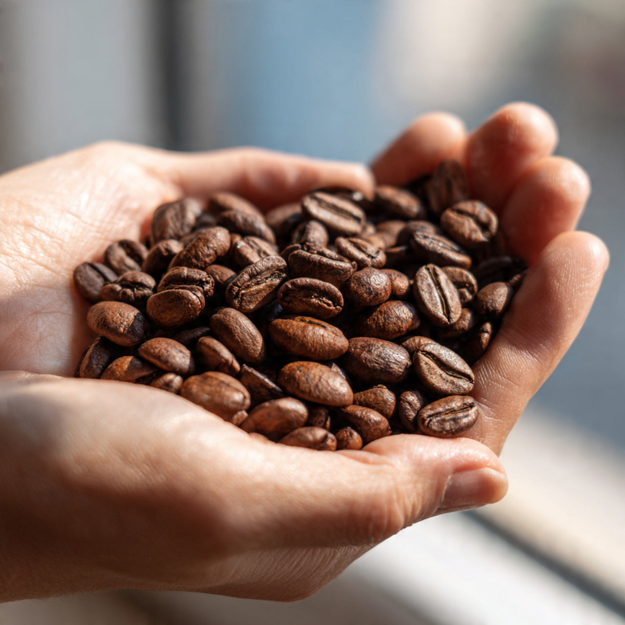 Hands holding a handful of ethiopia coffee beans 