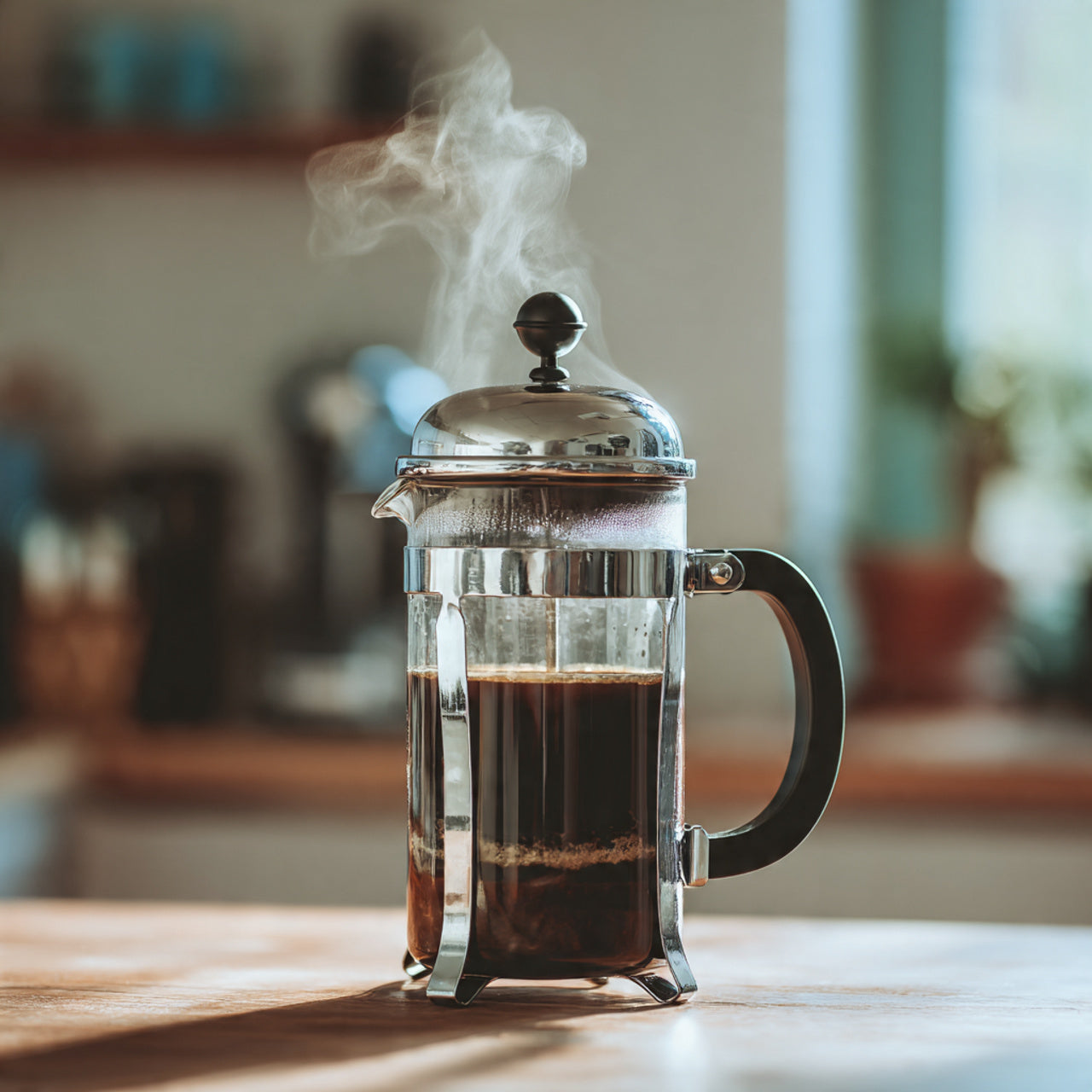 Steaming French press filled with coffee on a wooden table